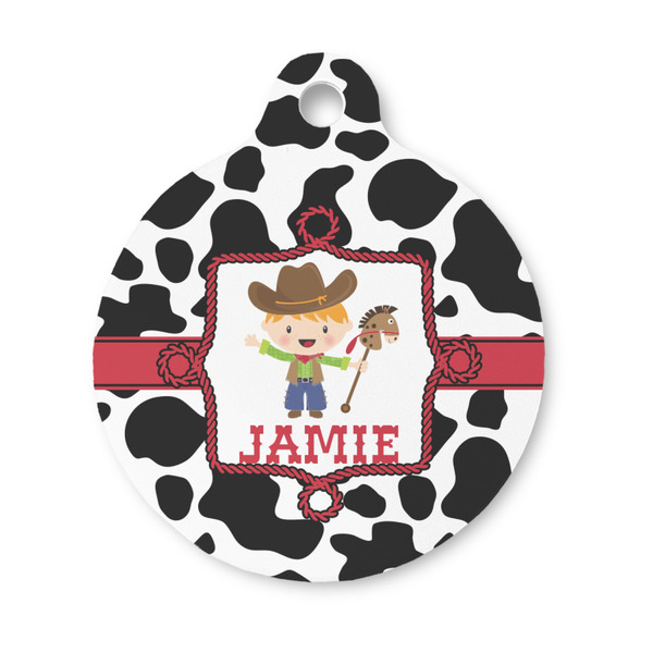 Custom Cowprint w/Cowboy Round Pet ID Tag - Small (Personalized)