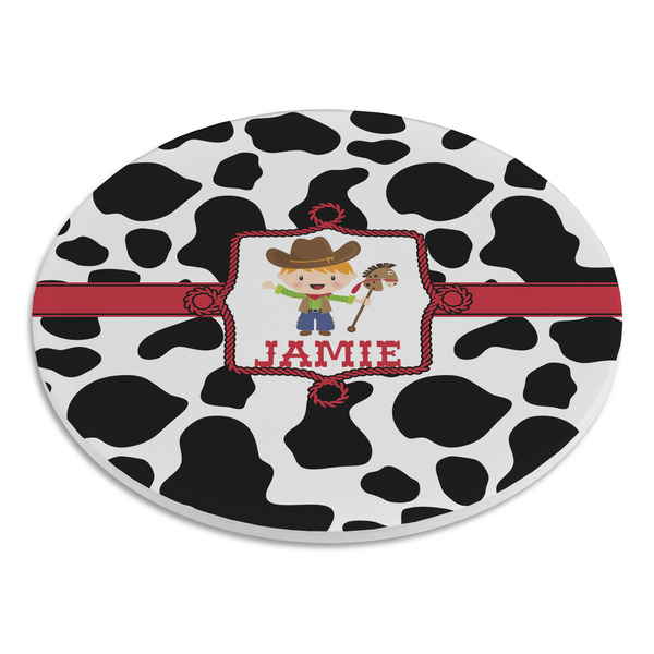 Cowprint w/Cowboy Round Stone Trivet - Angle View