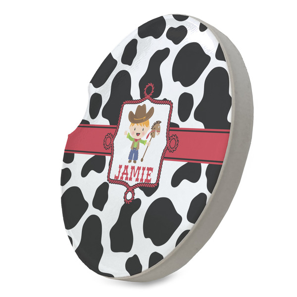 Cowprint w/Cowboy Sandstone Car Coaster - STANDING ANGLE