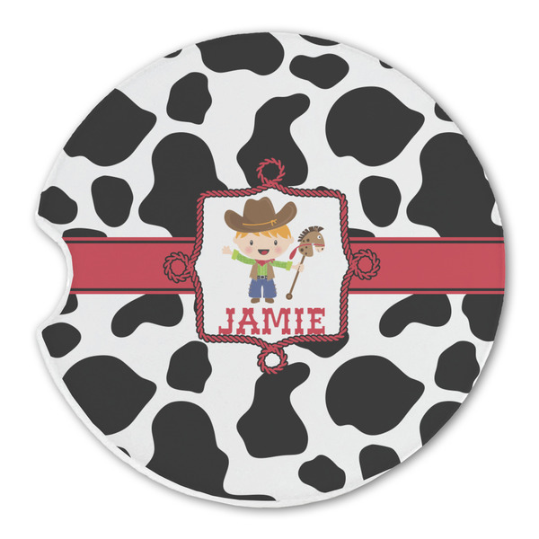 Custom Cowprint w/Cowboy Sandstone Car Coaster - Single (Personalized)