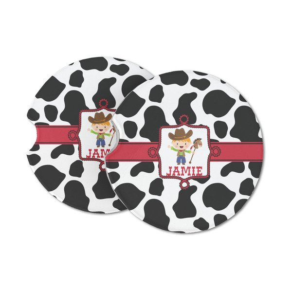 Custom Cowprint w/Cowboy Sandstone Car Coasters - Set of 2 (Personalized)