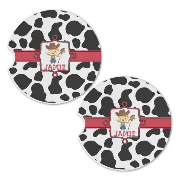 Cowprint w/Cowboy Sandstone Car Coasters - Set of 2