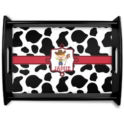 Cowprint w/Cowboy Black Wooden Tray - Large (Personalized)