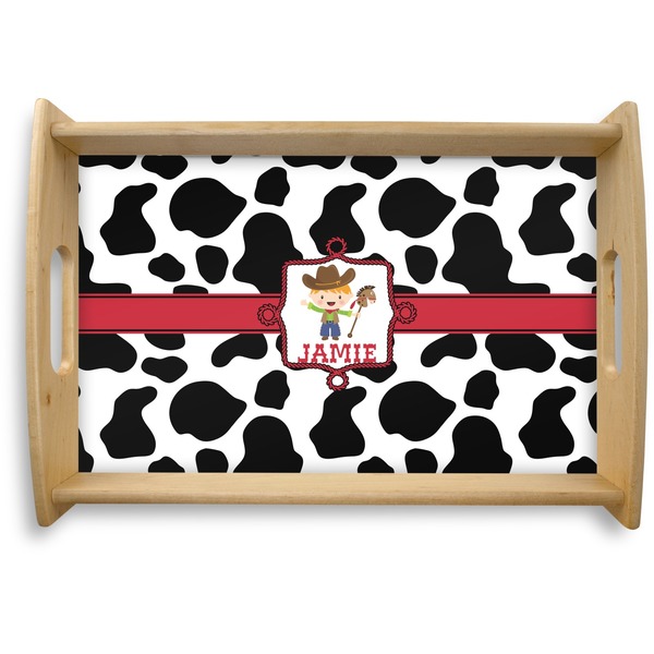 Custom Cowprint w/Cowboy Natural Wooden Tray - Small (Personalized)