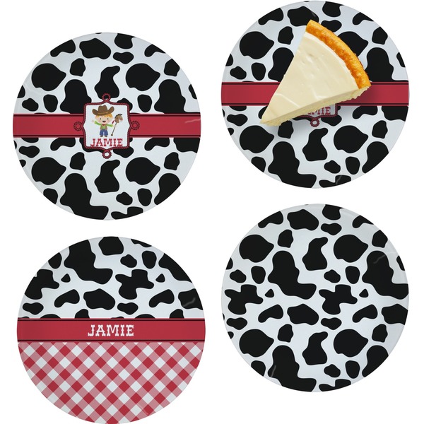 Custom Cowprint w/Cowboy Set of 4 Glass Appetizer / Dessert Plate 8" (Personalized)