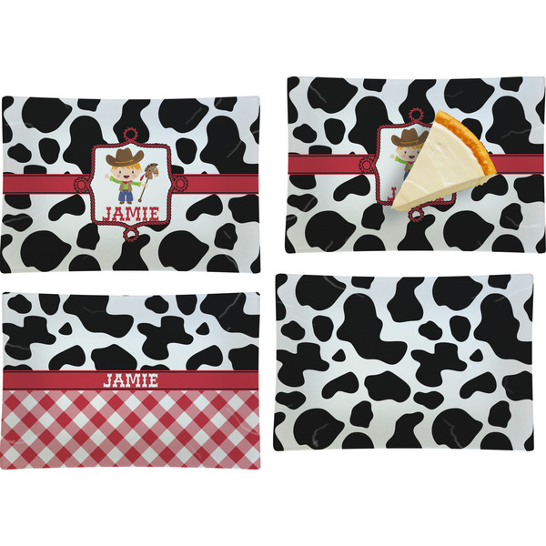 Custom Cowprint w/Cowboy Set of 4 Glass Rectangular Appetizer / Dessert Plate (Personalized)