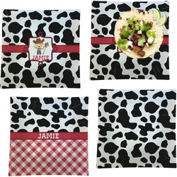 Cowprint w/Cowboy Set of 4 Glass Square Lunch / Dinner Plate 9.5" (Personalized)