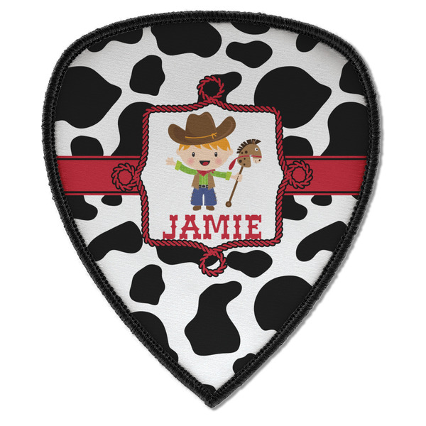 Custom Cowprint w/Cowboy Iron on Shield Patch A w/ Name or Text