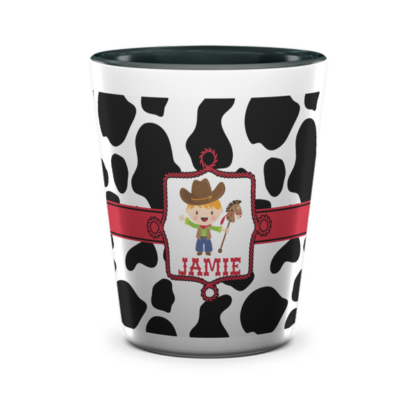 Custom Cowprint w/Cowboy Ceramic Shot Glass - 1.5 oz - Two Tone - Single (Personalized)