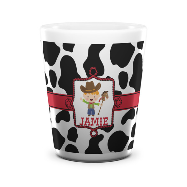 Custom Cowprint w/Cowboy Ceramic Shot Glass - 1.5 oz - White - Set of 4 (Personalized)