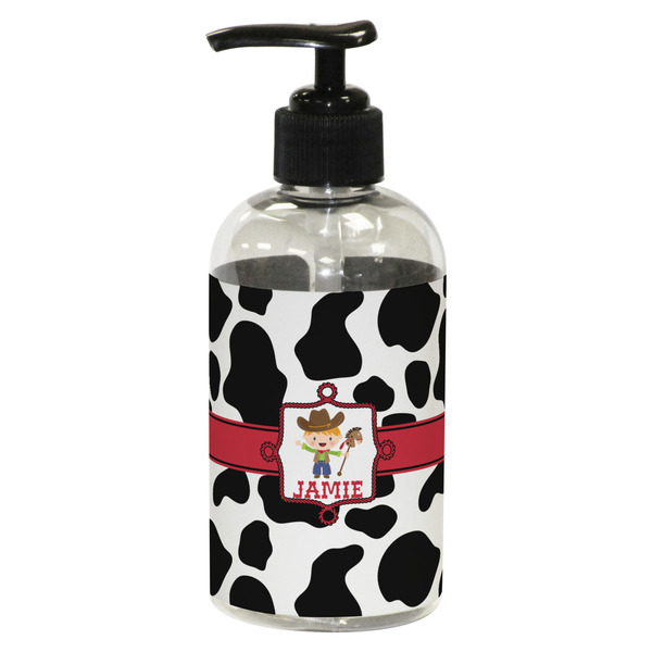 Custom Cowprint w/Cowboy Plastic Soap / Lotion Dispenser (8 oz - Small - Black) (Personalized)