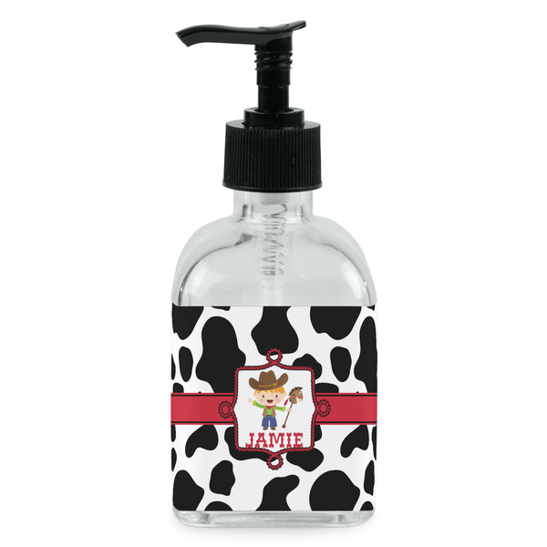 Custom Cowprint w/Cowboy Glass Soap & Lotion Bottle - Single Bottle (Personalized)