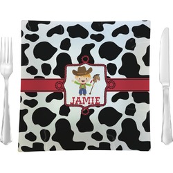Cowprint w/Cowboy 9.5" Glass Square Lunch / Dinner Plate- Single or Set of 4 (Personalized)