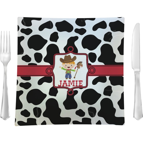 Custom Cowprint w/Cowboy 9.5" Glass Square Lunch / Dinner Plate- Single or Set of 4 (Personalized)