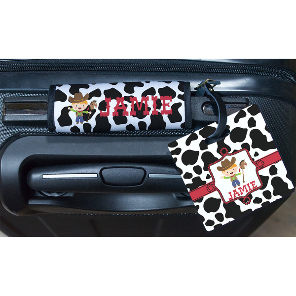 Cowprint w/Cowboy Square Luggage Tag & Handle Wrap - In Context