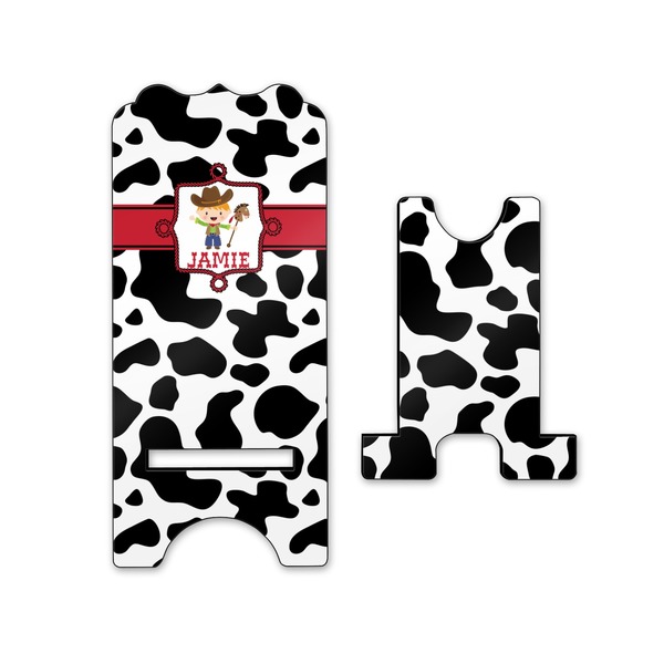 Cowprint w/Cowboy Stylized Phone Stand - Front & Back - Small