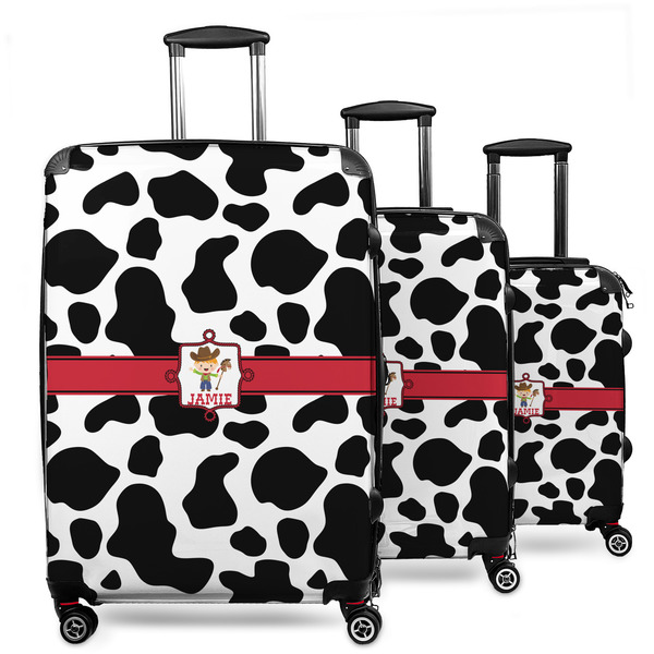 Custom Cowprint w/Cowboy 3 Piece Luggage Set - 20" Carry On, 24" Medium Checked, 28" Large Checked (Personalized)