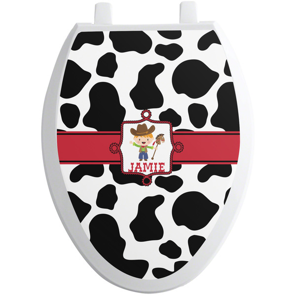Custom Cowprint w/Cowboy Toilet Seat Decal - Elongated (Personalized)