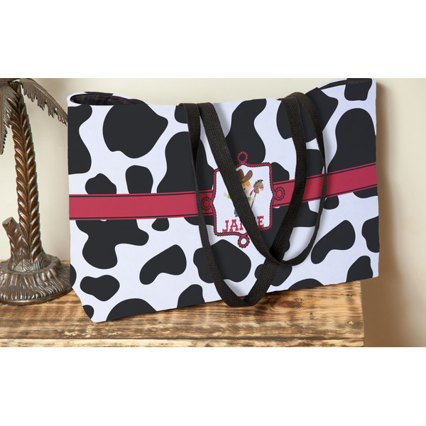 Cowprint w/Cowboy Tote w/Black Handles - Lifestyle View
