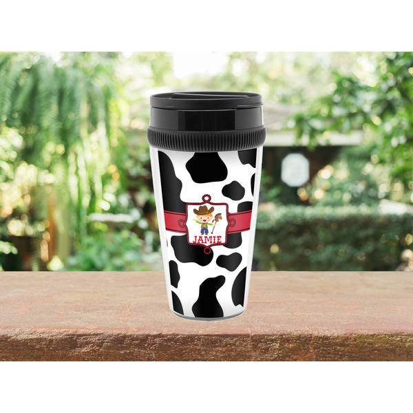 Cowprint w/Cowboy Travel Mug Lifestyle (Personalized)