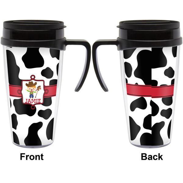 Cowprint w/Cowboy Travel Mug with Black Handle - Approval