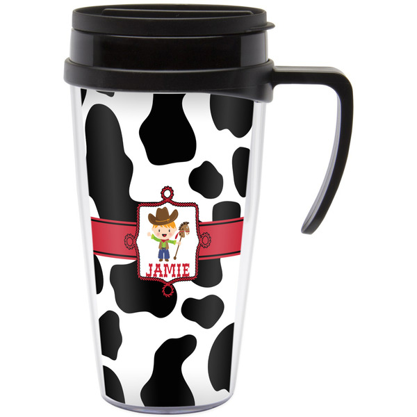 Custom Cowprint w/Cowboy Acrylic Travel Mug with Handle (Personalized)