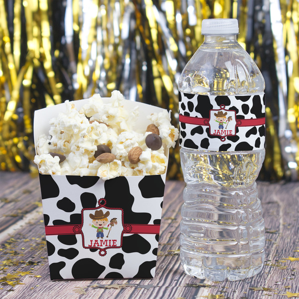 Cowprint w/Cowboy Water Bottle Label - w/ Favor Box