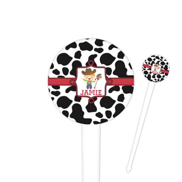 Custom Cowprint w/Cowboy 4" Round Plastic Food Picks - White - Double Sided (Personalized)