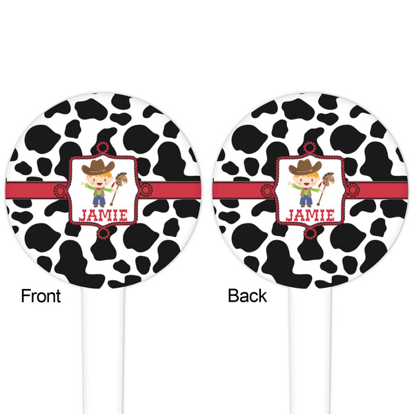 Cowprint w/Cowboy White Plastic 4" Food Pick - Round - Double Sided - Front & Back