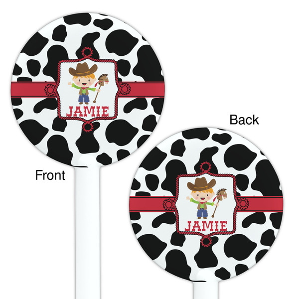 Cowprint w/Cowboy White Plastic 5.5" Stir Stick - Double Sided - Round - Front & Back