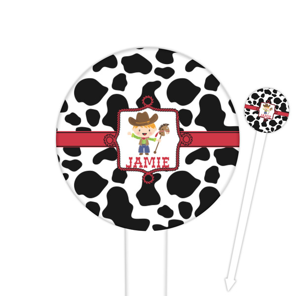Custom Cowprint w/Cowboy 6" Round Plastic Food Picks - White - Double Sided (Personalized)