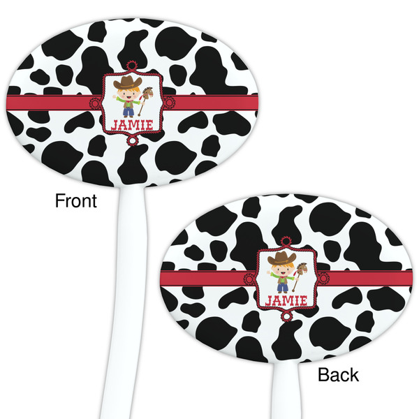Cowprint w/Cowboy White Plastic 7" Stir Stick - Double Sided - Oval - Front & Back