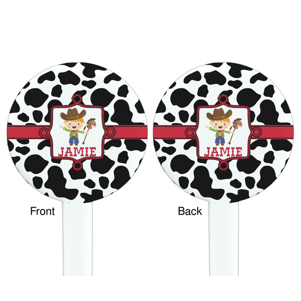 Cowprint w/Cowboy White Plastic 7" Stir Stick - Double Sided - Round - Front & Back