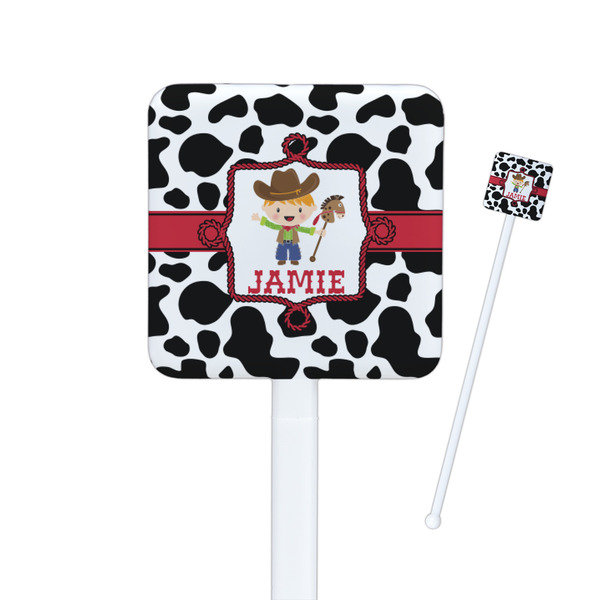 Custom Cowprint w/Cowboy Square Plastic Stir Sticks (Personalized)