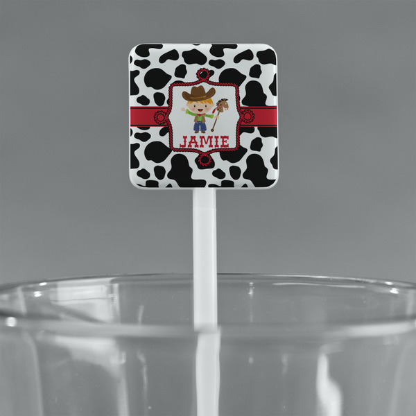 Cowprint w/Cowboy White Plastic Stir Stick - Square - Main