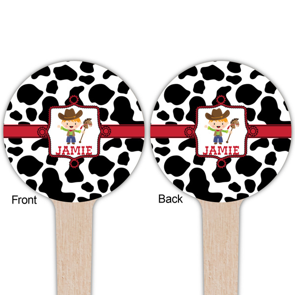 Cowprint w/Cowboy Wooden 4" Food Pick - Round - Double Sided - Front & Back