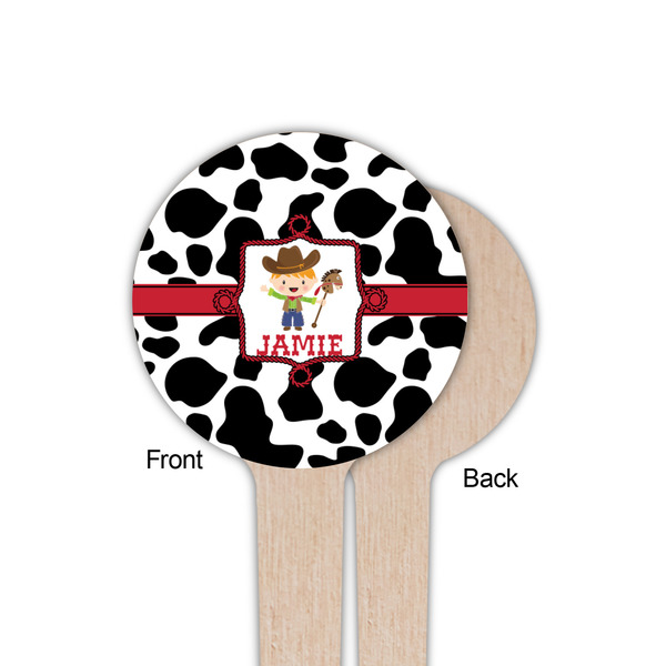 Cowprint w/Cowboy Wooden 4" Food Pick - Round - Single Sided - Front & Back