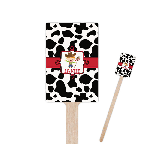 Custom Cowprint w/Cowboy 6.25" Rectangle Wooden Stir Sticks - Double Sided (Personalized)