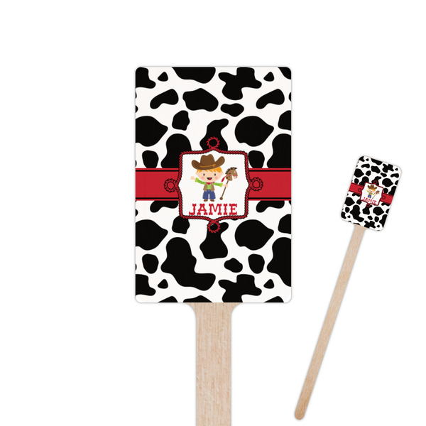 Custom Cowprint w/Cowboy 6.25" Rectangle Wooden Stir Sticks - Single Sided (Personalized)