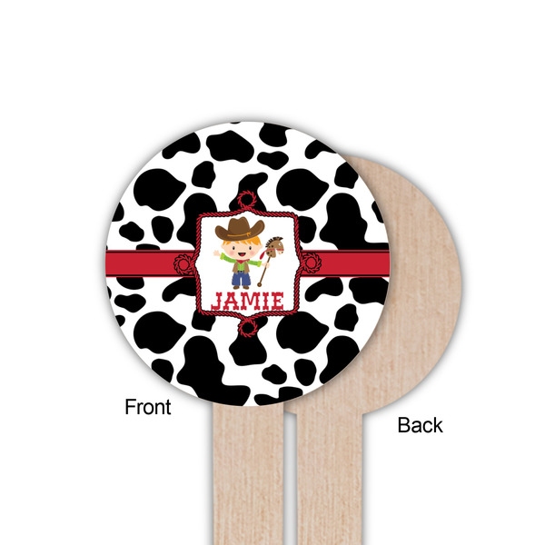 Cowprint w/Cowboy Wooden 6" Food Pick - Round - Single Sided - Front & Back