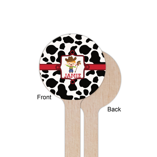 Cowprint w/Cowboy Wooden 6" Stir Stick - Round - Single Sided - Front & Back