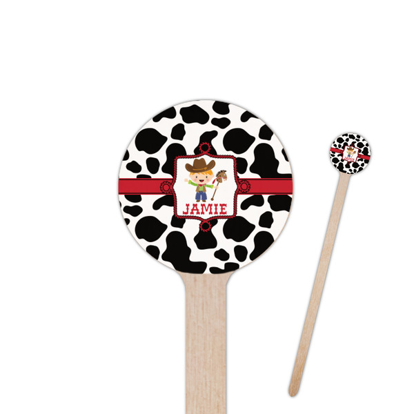 Custom Cowprint w/Cowboy 7.5" Round Wooden Stir Sticks - Single Sided (Personalized)