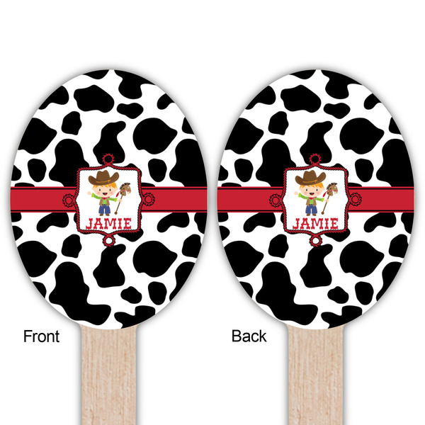 Cowprint w/Cowboy Wooden Food Pick - Oval - Double Sided - Front & Back