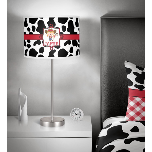 Cowprint Cowgirl 13 inch drum lamp shade - in room