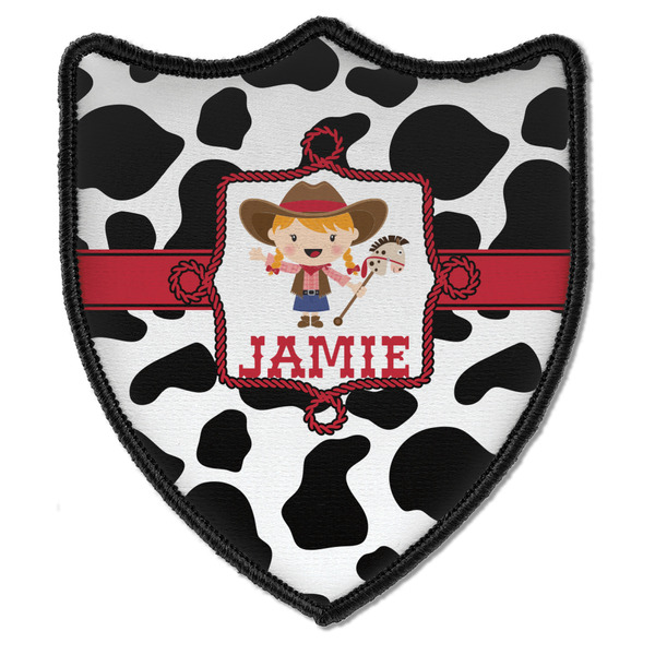 Custom Cowprint Cowgirl Iron On Shield Patch B w/ Name or Text