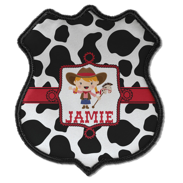 Custom Cowprint Cowgirl Iron On Shield Patch C w/ Name or Text