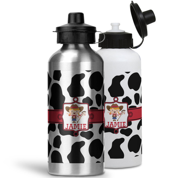 Cowprint Cowgirl Aluminum Water Bottles - MAIN (white &silver)