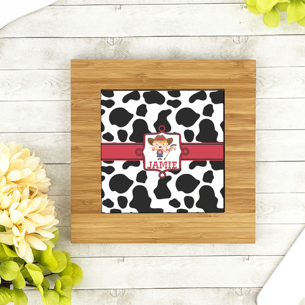 Cowprint Cowgirl Bamboo Trivet with 6" Tile - LIFESTYLE