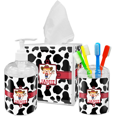 Cowprint Cowgirl Acrylic Bathroom Accessories Set w/ Name or Text