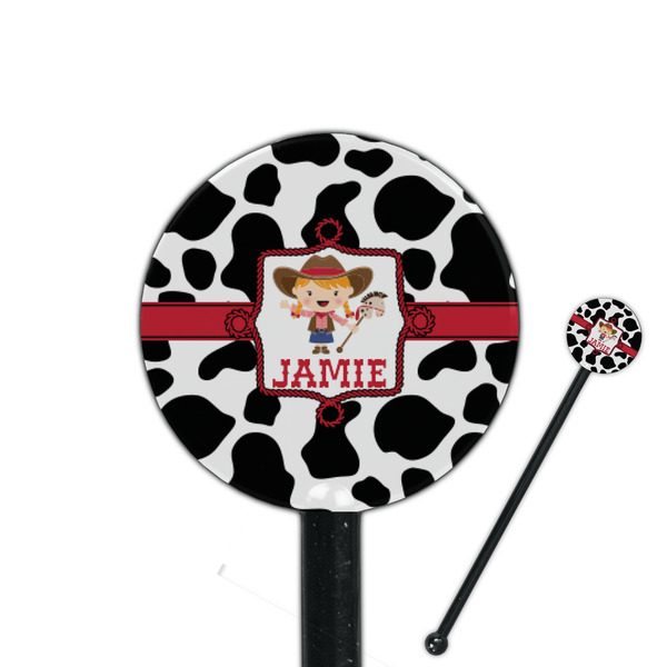 Custom Cowprint Cowgirl 5.5" Round Plastic Stir Sticks - Black - Single Sided (Personalized)